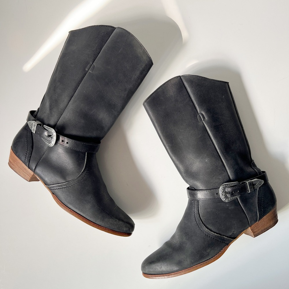 Vintage Dexter Western Boots 7.5 Black Leather Mid Calf Buckle Strap Cowgirl